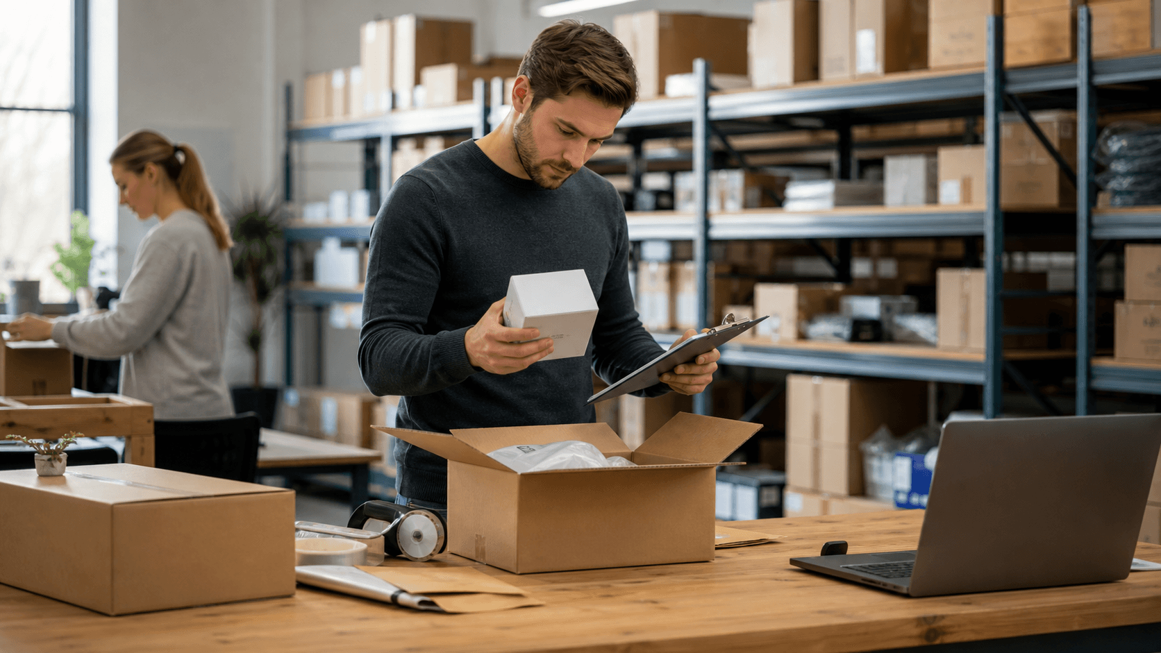 Händler prüft Produktdaten, Anbieterangaben und Qualität im E-Commerce Lager