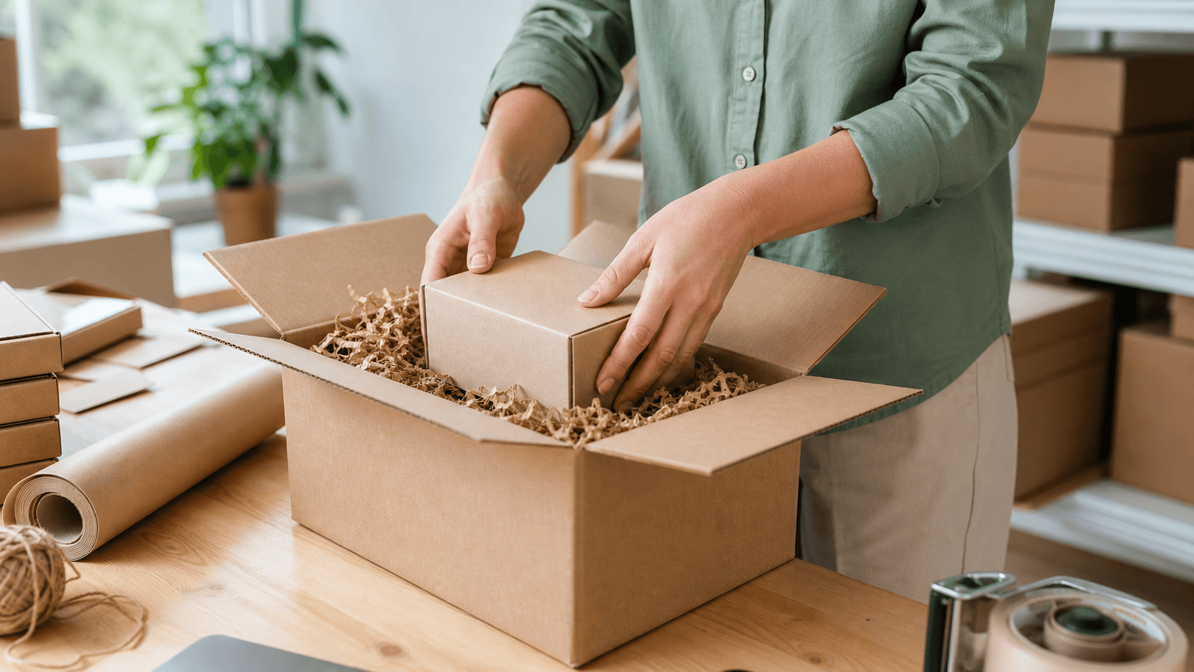 Person verpackt ein Produkt in Versandkarton mit nachhaltigem Füllmaterial